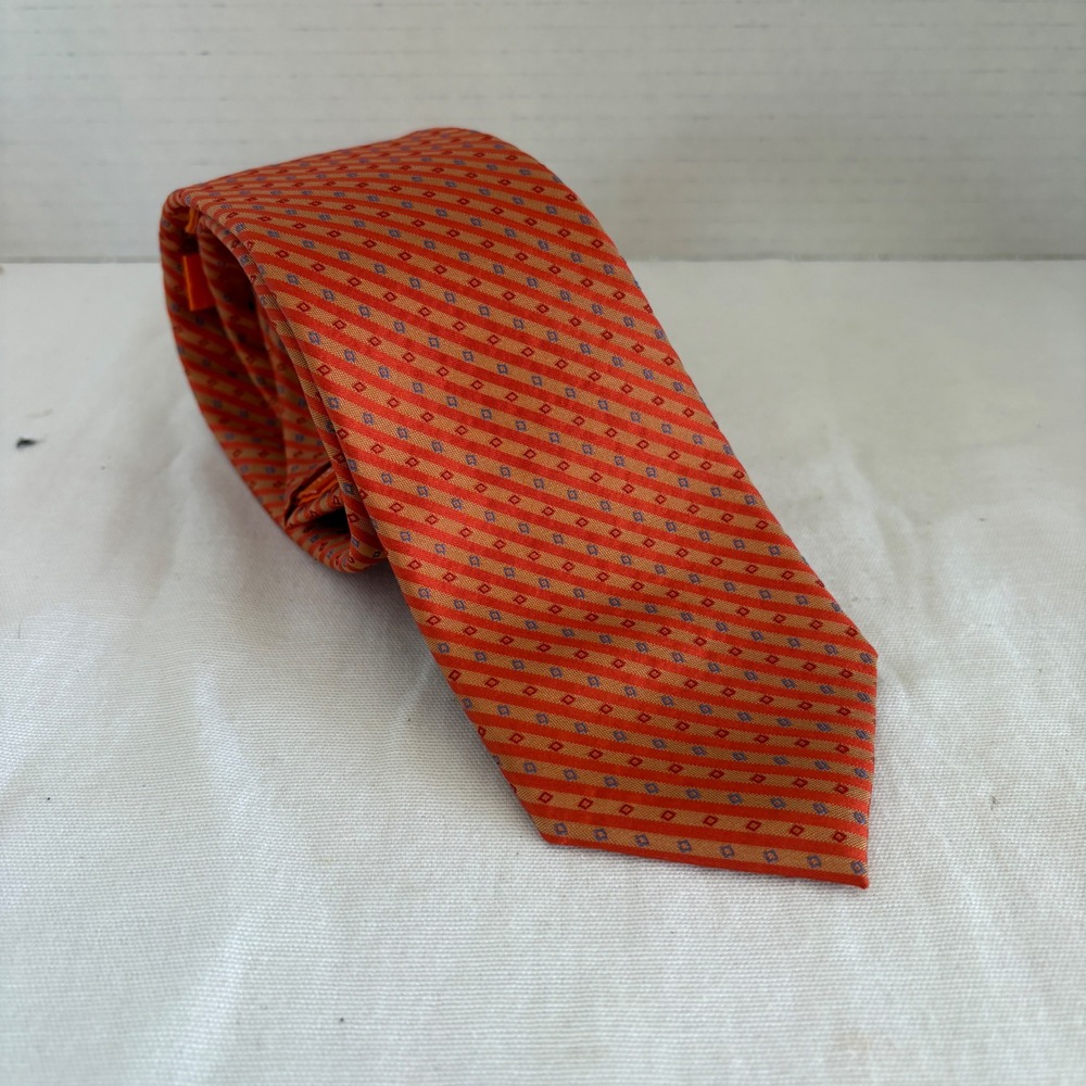 Tallia Mens Orange Red Striped Geometric 100% Silk Necktie 3.25 Inch 121148‎